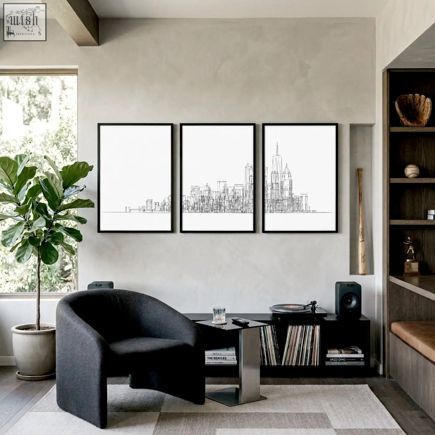 Three black-framed minimalist new york posters showing skyline line art perfect wall art for games room decor