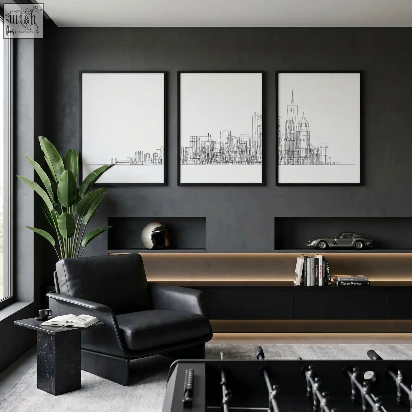 Black leather armchair with sleek modern design and minimalist lines perfect for games room with york posters wall art