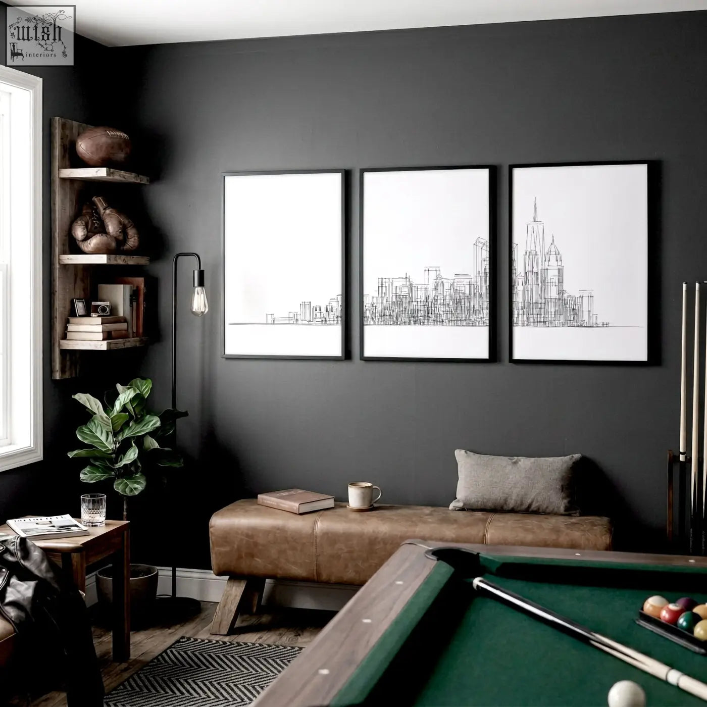 Black-framed new york posters minimalist skyline line art prints on dark gray wall perfect for games room wall art