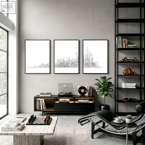 Three framed black and white minimalist new york posters line art city skyline wall art perfect for games room decor