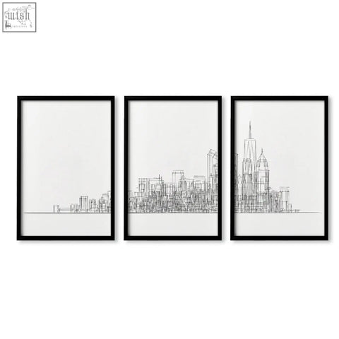Three black-framed new york posters with minimalist skyline line drawing wall art prints perfect for games room decor