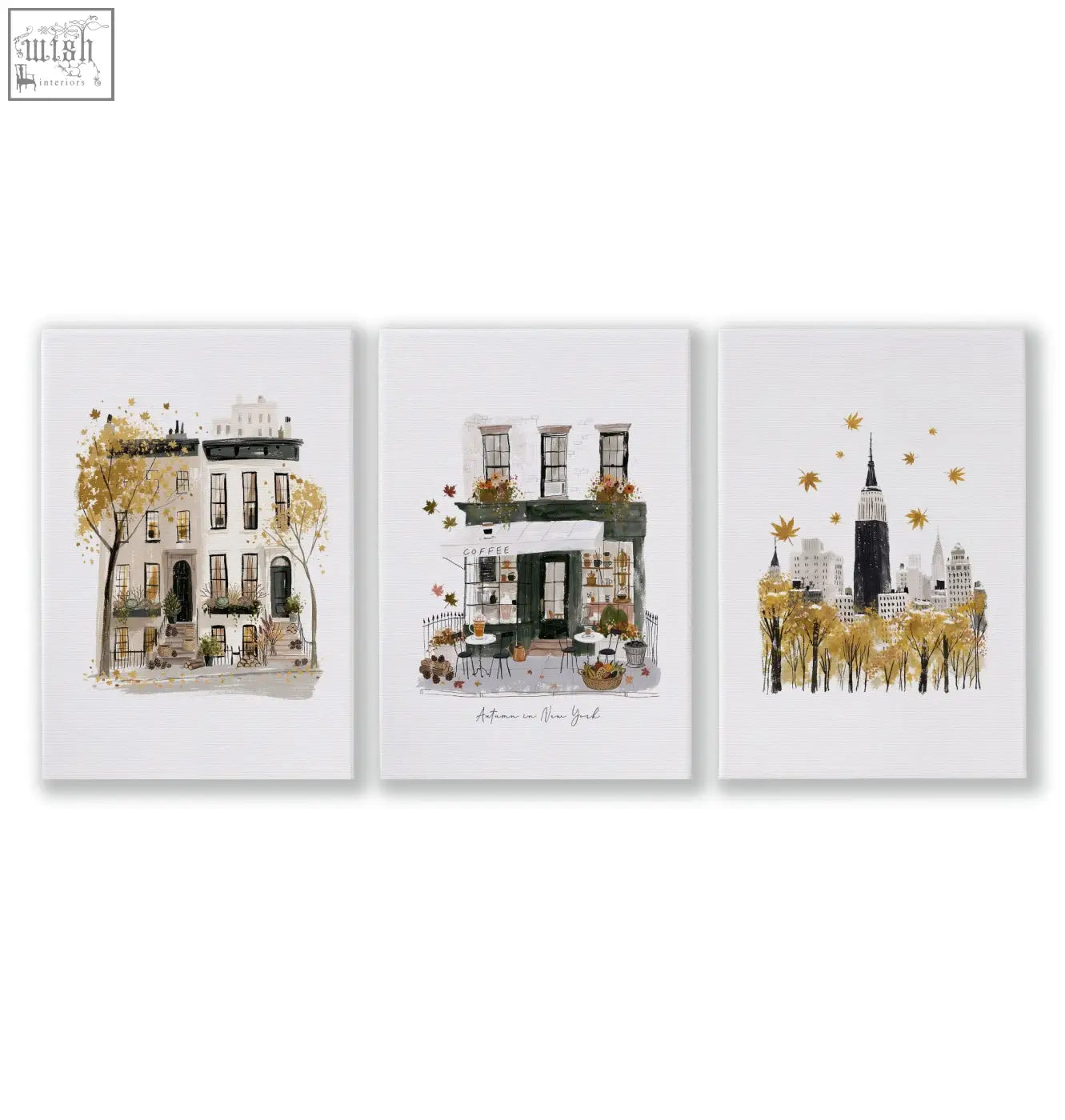 Set of three watercolor travel wall art prints on canvas featuring autumn new york cityscape with golden leaves