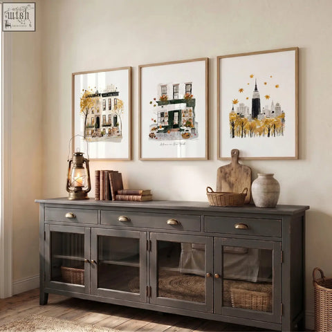 Gray wooden sideboard with glass-fronted cabinets and brass handles perfect for displaying travel wall art sets like autumn in New York
