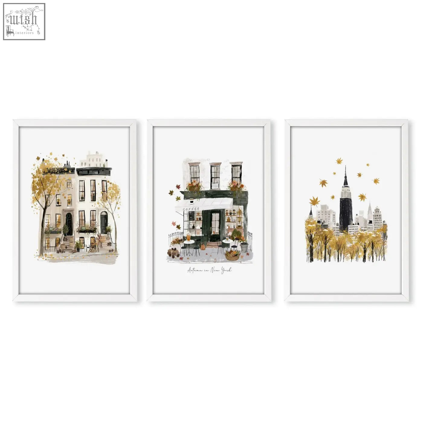 Set of three white-framed ochre watercolor travel wall art prints depicting autumn scenes in new york city