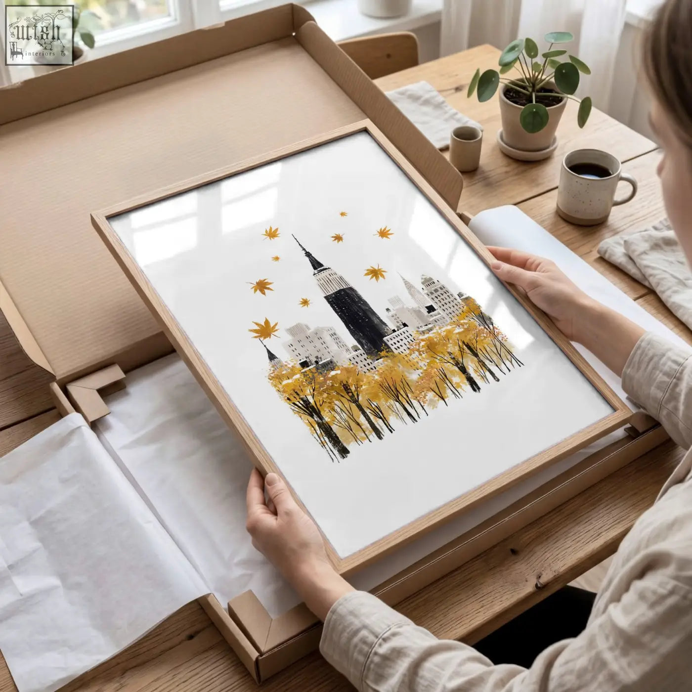 Minimalist wooden framed travel wall art featuring stylized new york cityscape with golden autumn leaves and black buildings