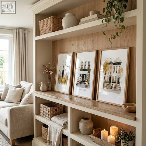 Three framed new york travel wall art prints with ochre autumn foliage in light wood frames on wooden shelf