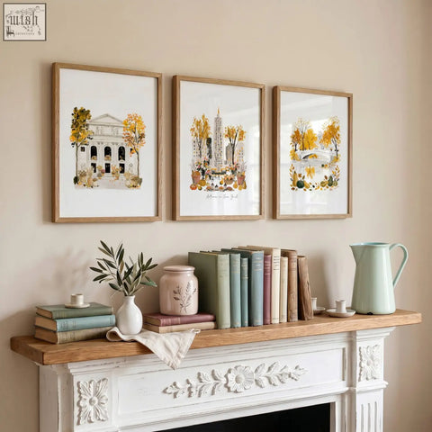 Three framed york wall art canvas prints with autumnal cityscapes in light wood frames for cozy decor