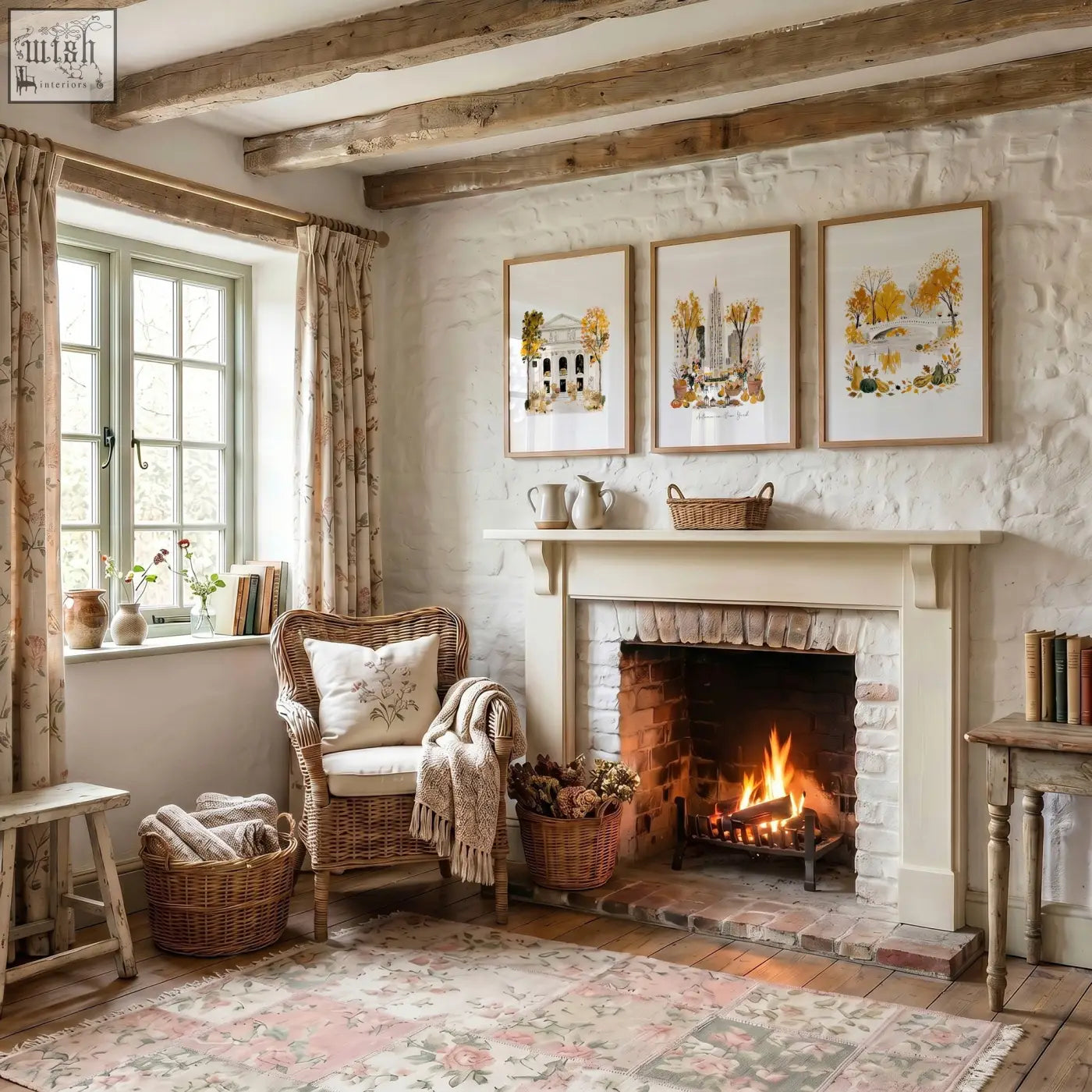 White fireplace mantel with cream trim and rustic wooden beams showcasing autumn in new york wall art canvas set