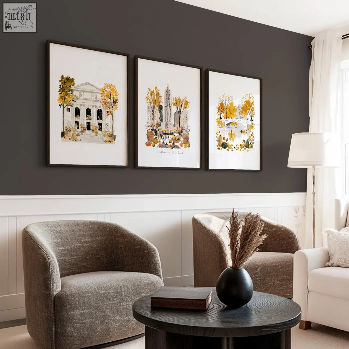 Black ceramic vase with dried pampas grass as stylish york wall art canvas in autumn in new york travel prints set
