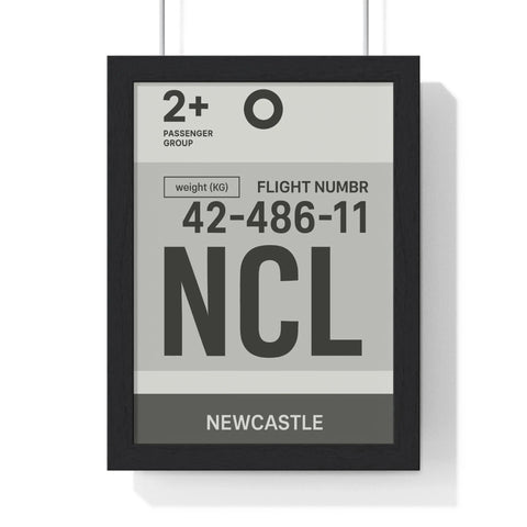 Black-framed airport luggage tag art print with minimalist gray and white newcastle ncl boarding pass design