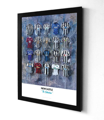 Black-framed newcastle united limited edition signed a2 poster showcasing the club jersey collection