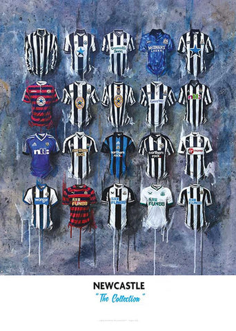 A grid of newcastle united limited edition black and white striped football jerseys with various sponsor logos