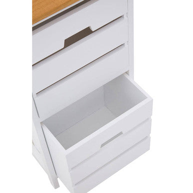 White wooden drawer chest with a light wood top and minimalist handles perfect for stylish storage