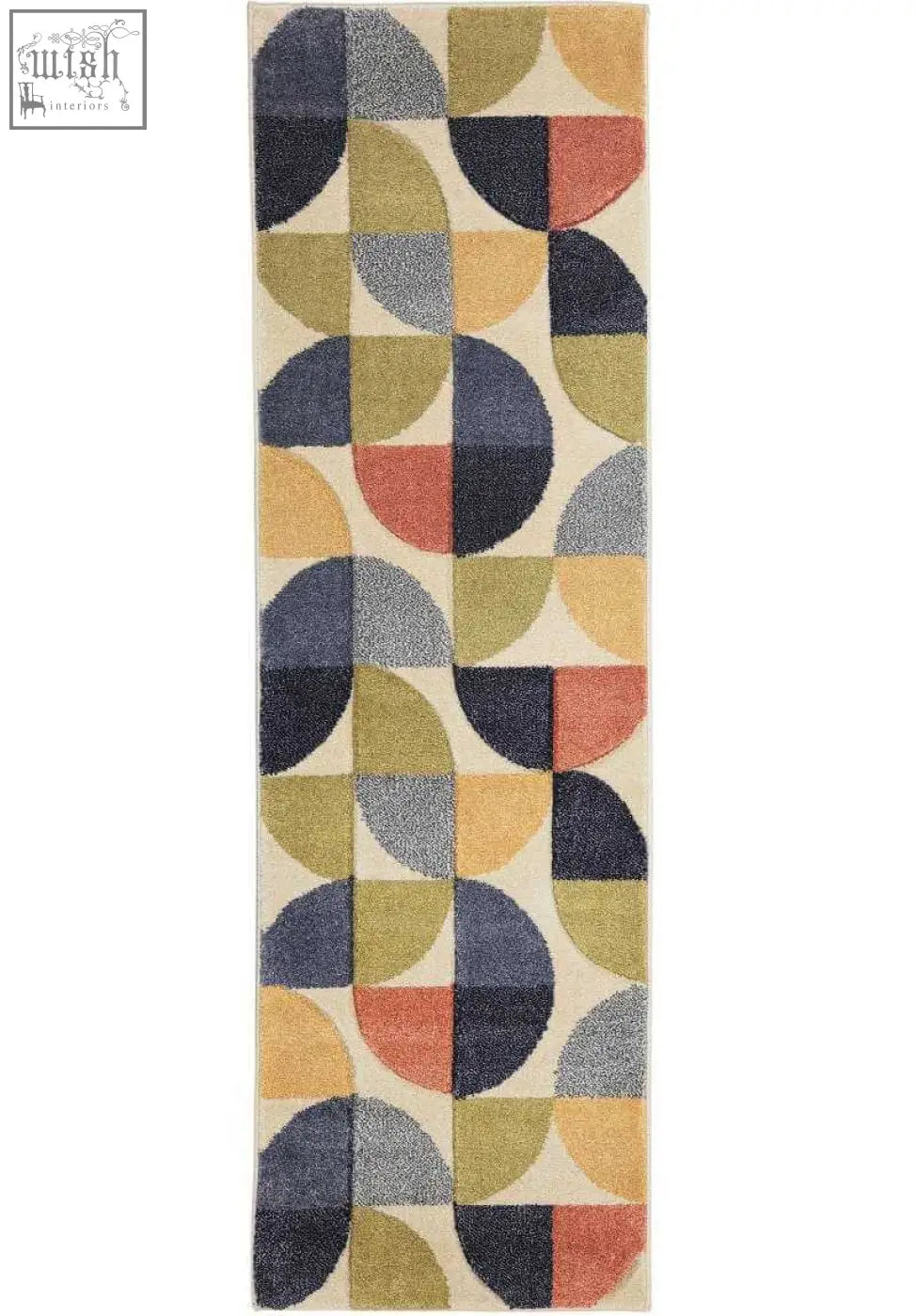A newport geometric rug runner with overlapping semicircles in navy olive mustard and coral on a cream background