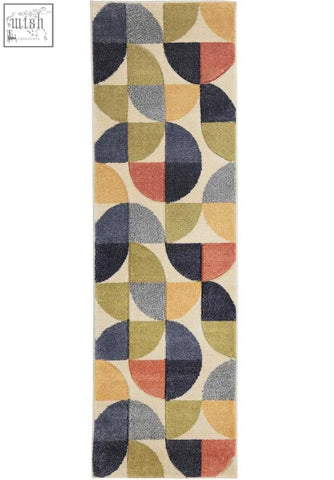 A newport geometric rug runner with overlapping semicircles in navy olive mustard and coral on a cream background