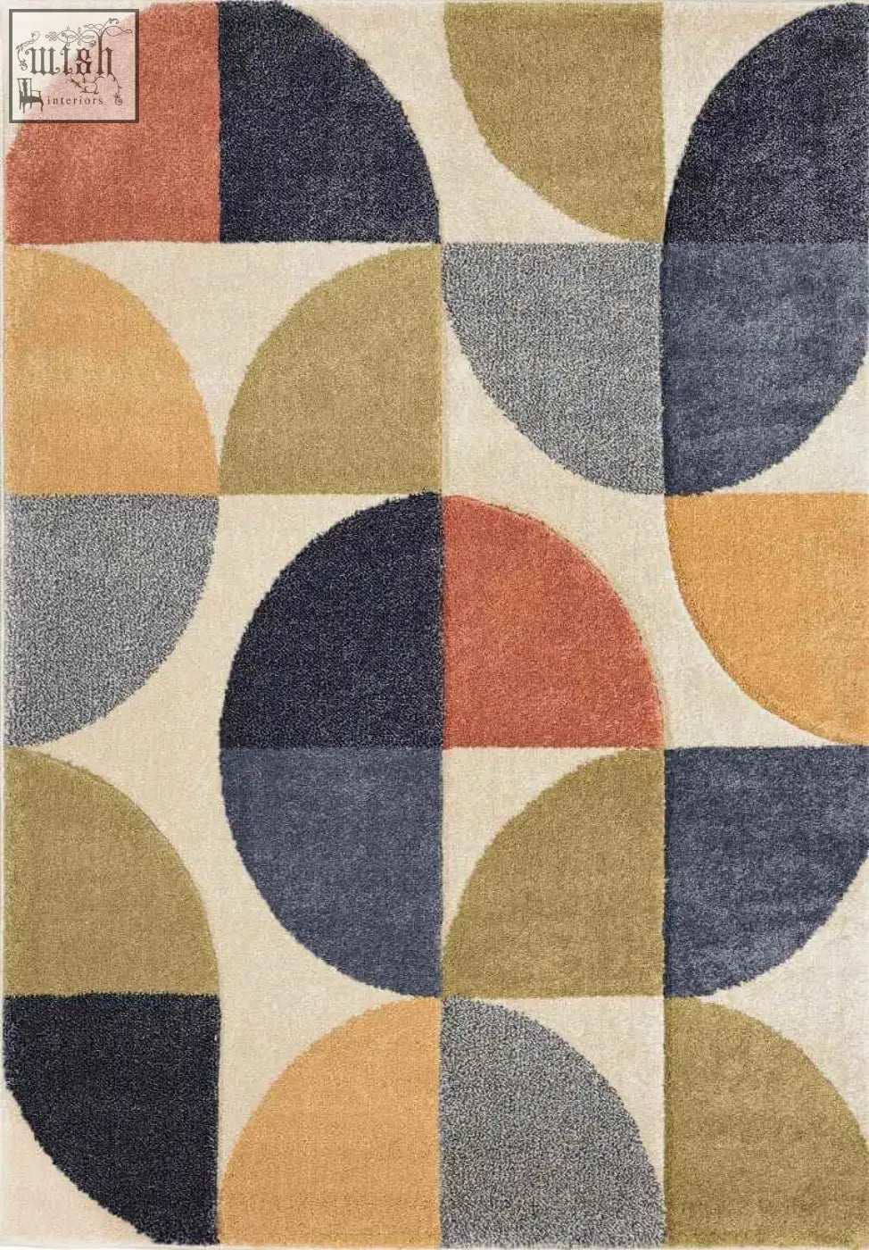 Modern geometric rug with muted terracotta navy blue olive green and gray overlapping semicircles on off-white newport geometric rug