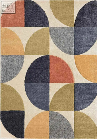 Modern geometric rug with muted terracotta navy blue olive green and gray overlapping semicircles on off-white newport geometric rug