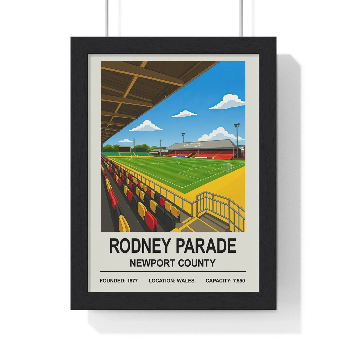 Black-framed poster showing stylized illustration of newport rodney parade stadium with green grass and colorful seats