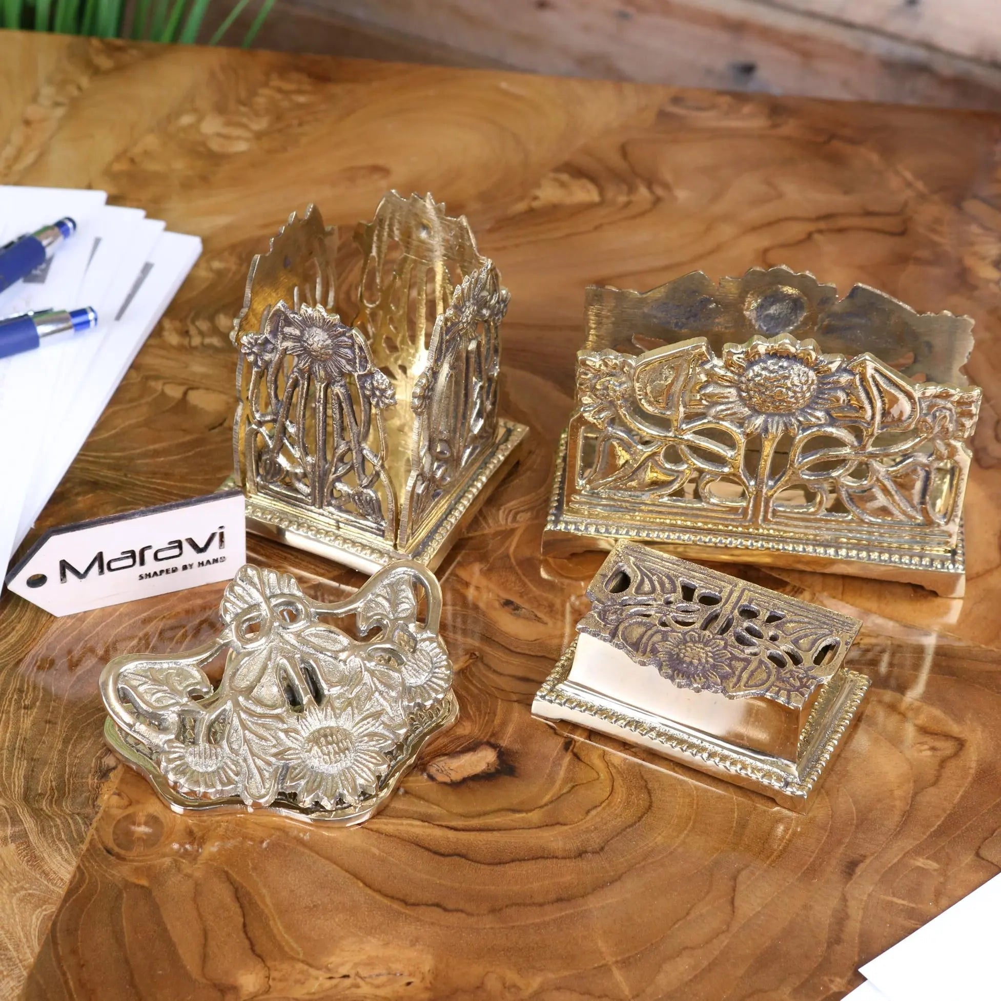 Handcrafted silver-toned metal napkin holders with intricate floral sunflower designs luxury desk accessories