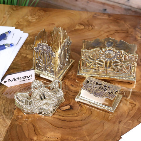 Handcrafted silver-toned metal napkin holders with intricate floral sunflower designs luxury desk accessories