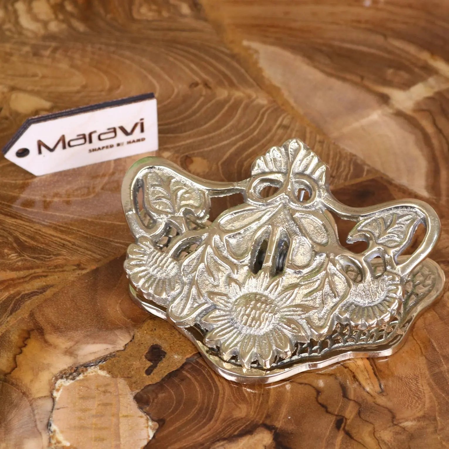 Silver ornamental cast iron tea tray with sunflower motif featuring intricate floral design for luxury desk accessories