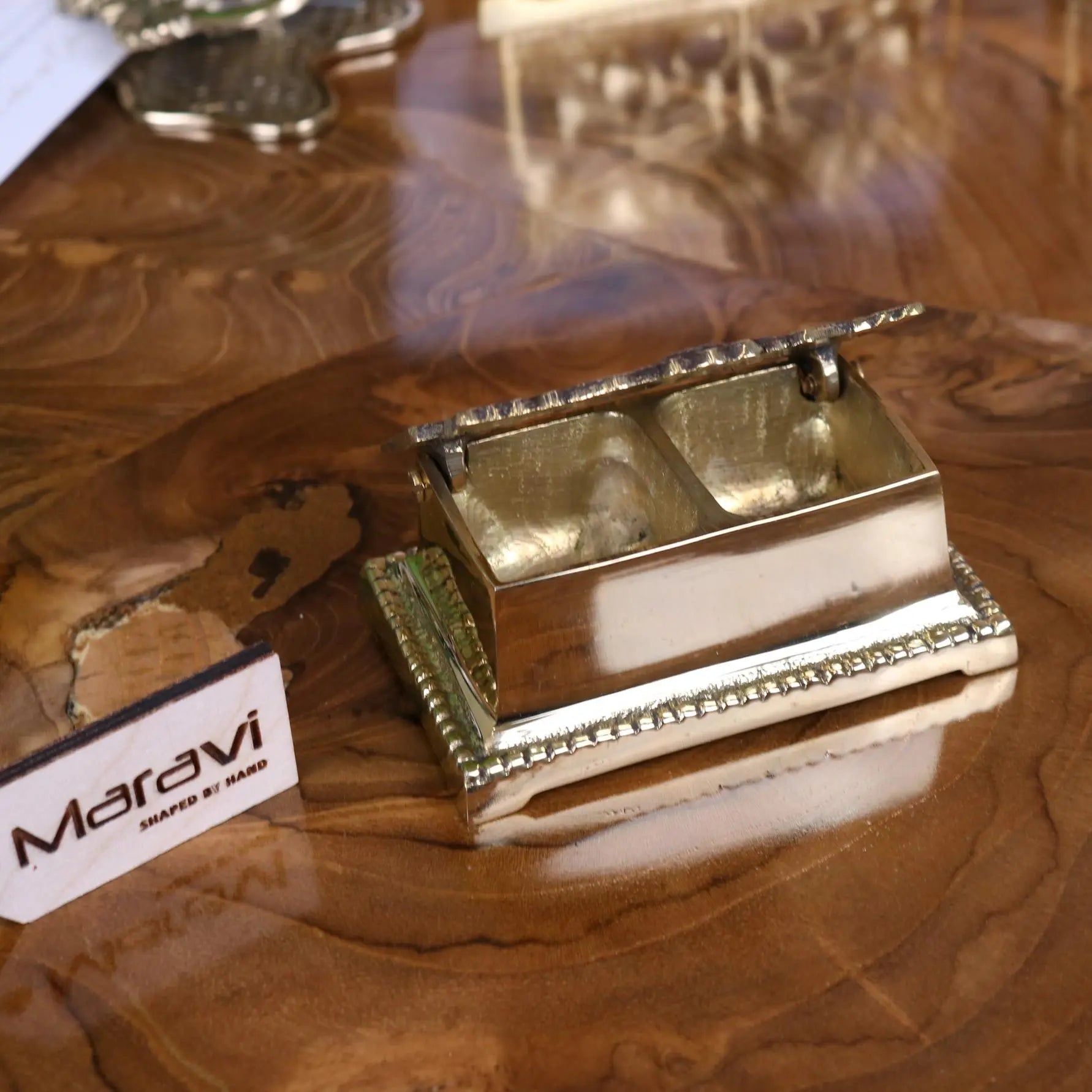 Silver-toned hand-shaped rectangular box with hinged lid and two compartments from newsa sunflower luxury desk accessories