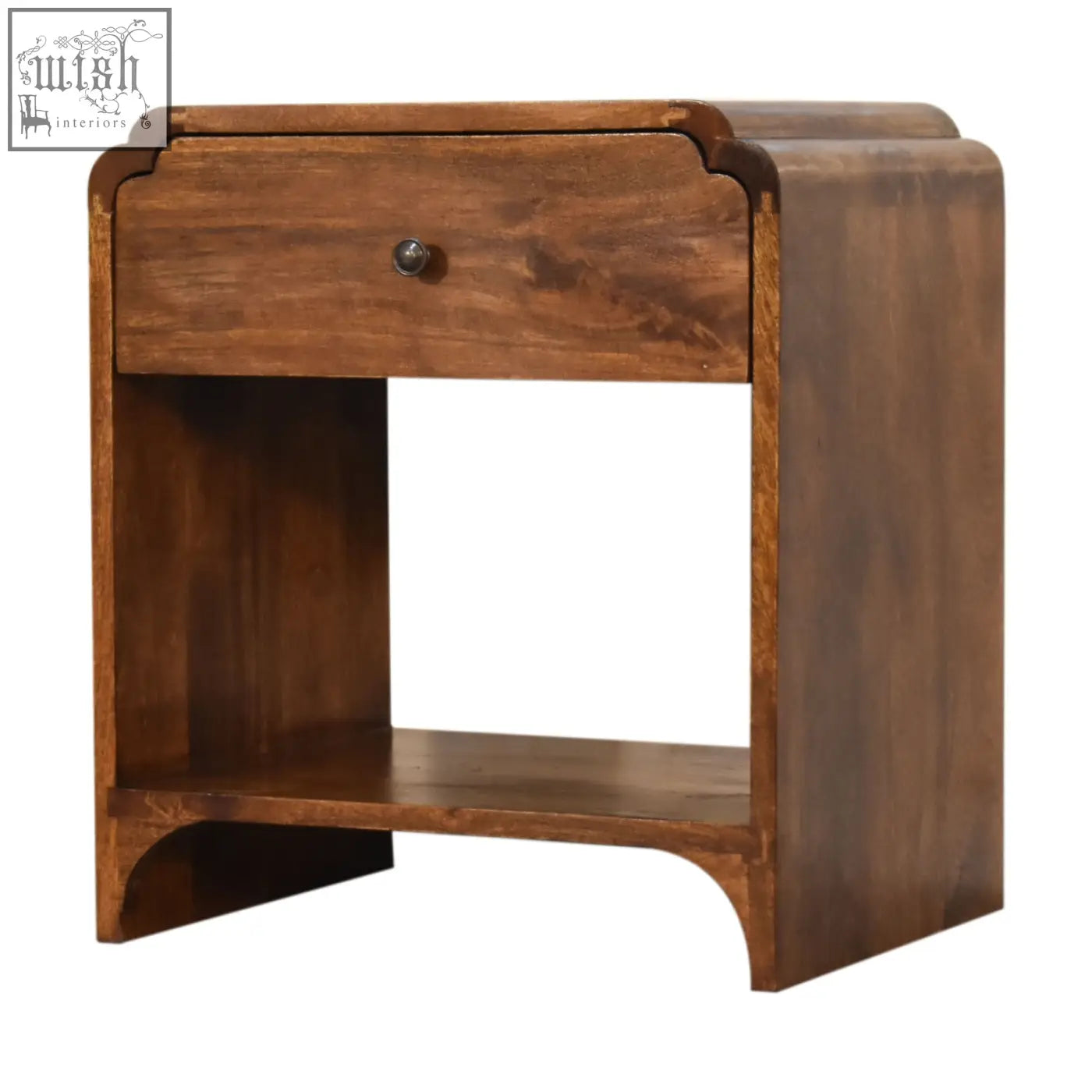 Dark brown newton bedside table with single drawer and open shelf made of chestnut mango wood with curved edges