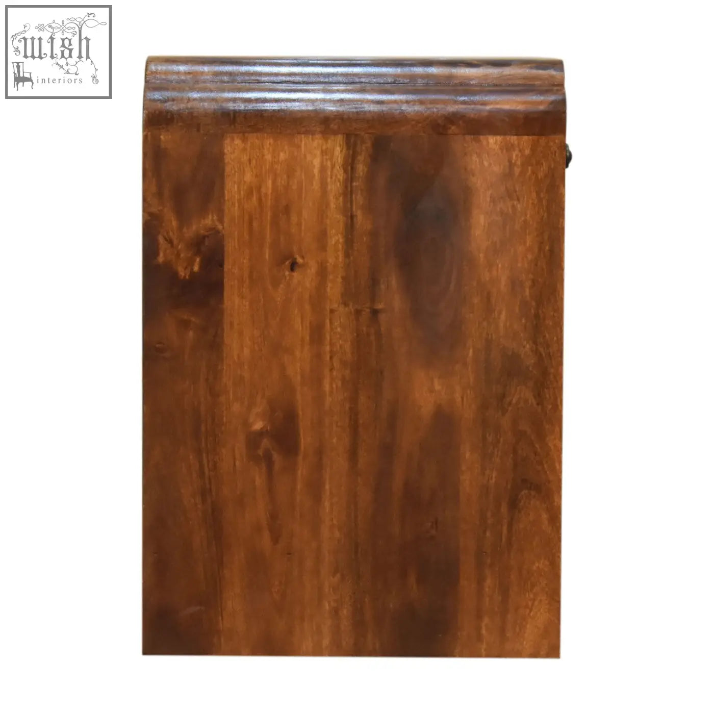 Rich brown newton bedside table made of smooth polished chestnut mango wood with visible grain patterns