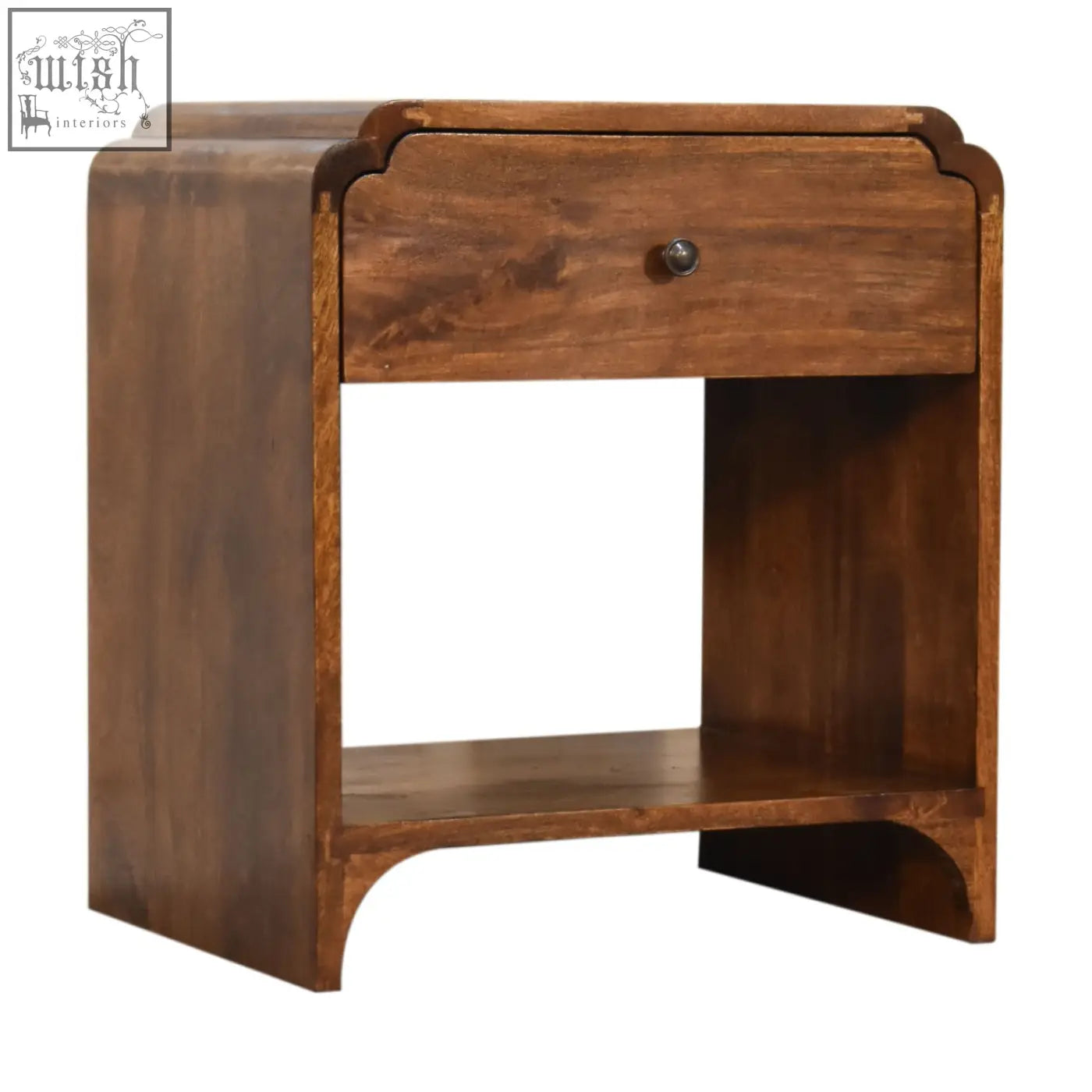 Rustic brown newton bedside table made of chestnut mango wood with single drawer and open shelf design