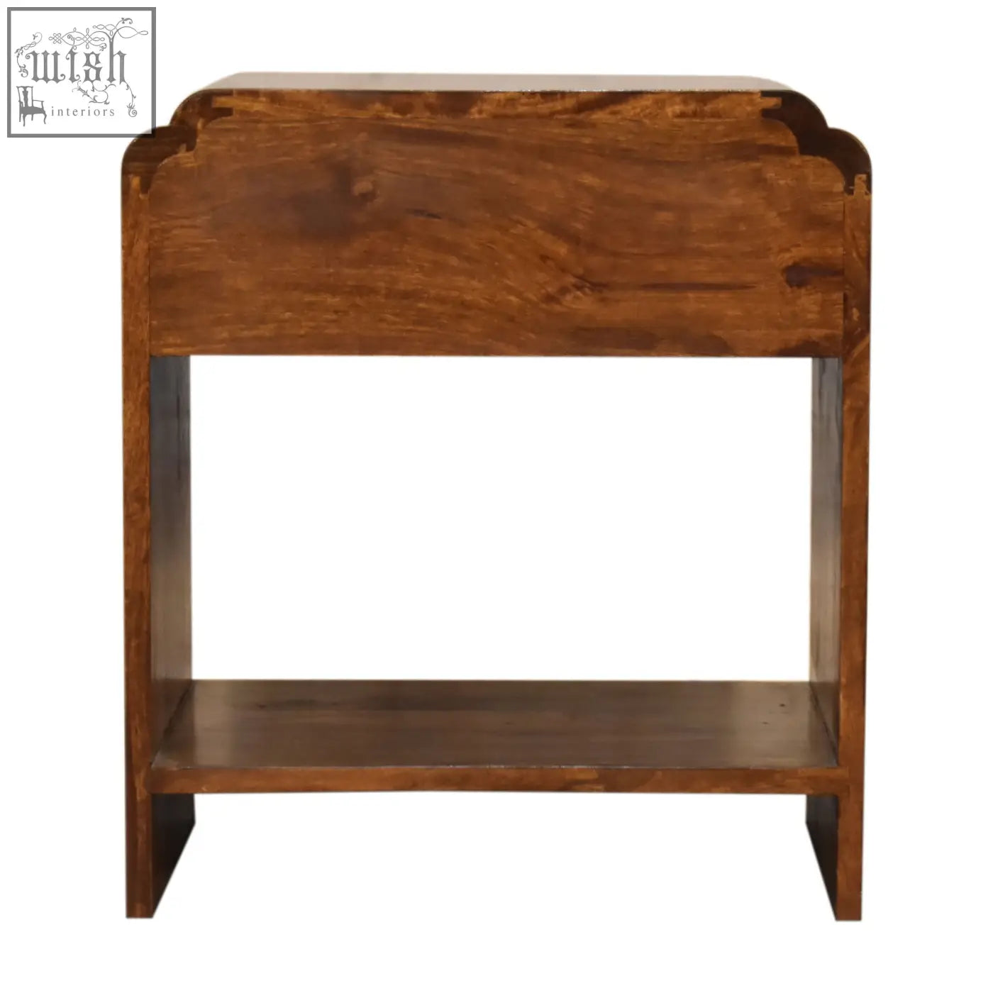 Rustic newton bedside table with curved top and two shelves made from dark chestnut mango wood