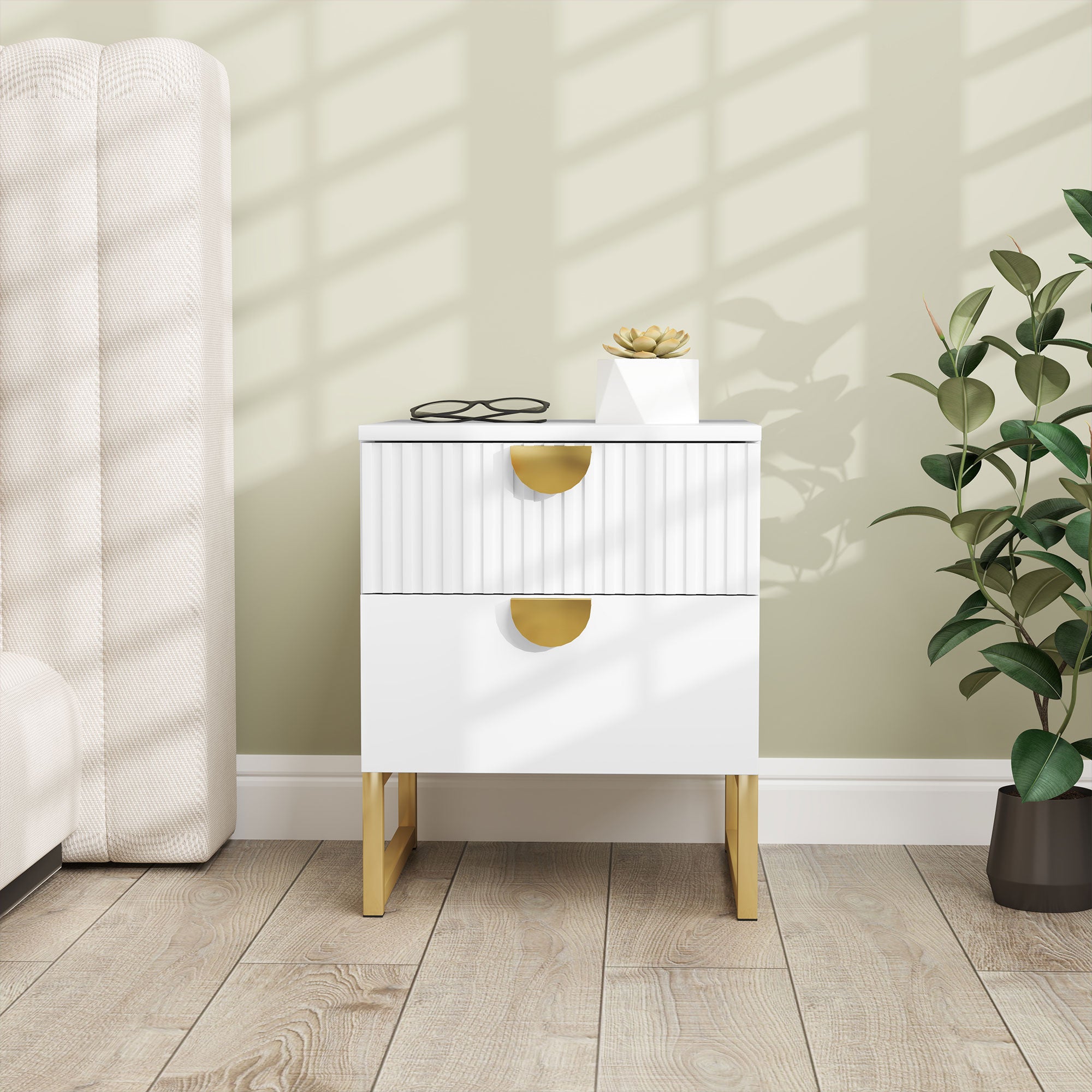 HOMCOM Elegant Two-Drawer Bedside Table - White