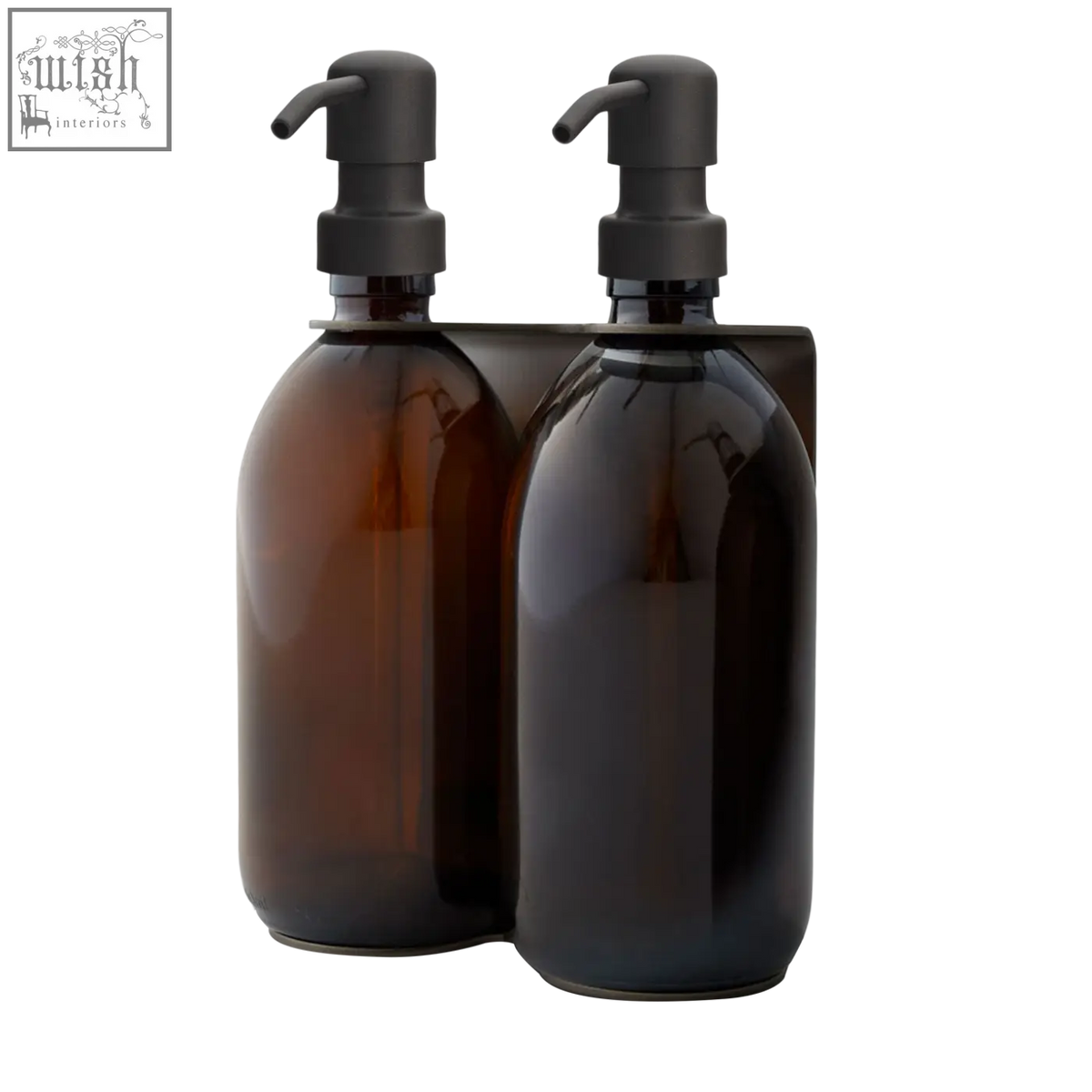 Nickel double wall mounted soap dispenser with two amber glass bottles matte black pumps and stainless steel base