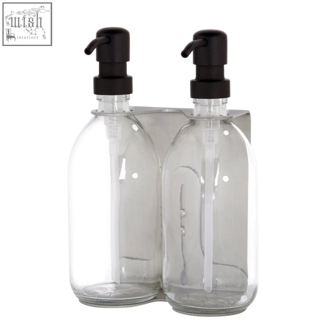 Nickel double wall mounted soap dispenser with clear glass bottles black pumps and stainless steel base bracket