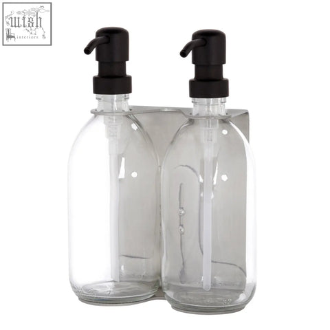 Nickel double wall mounted soap dispenser with clear glass bottles black pumps and stainless steel base bracket