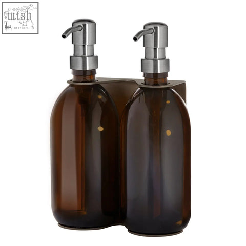 Nickel double wall mounted soap dispenser with amber glass bottles chrome pumps and stainless steel base bracket