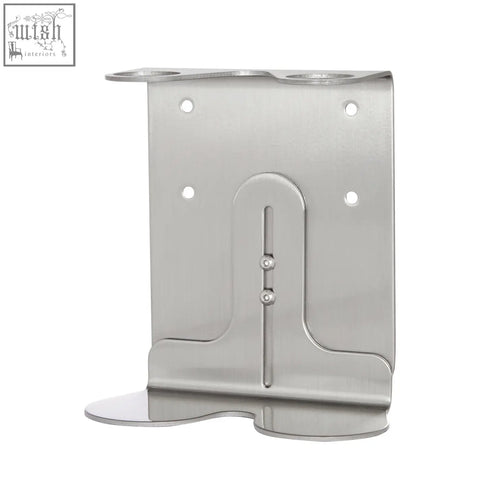 Nickel double wall mounted soap dispenser with stainless steel base and a sleek wall mount bracket with adjustable slots