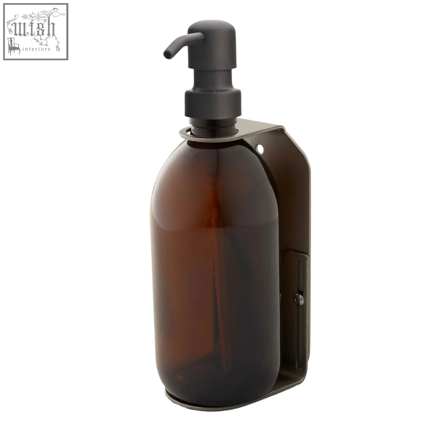 Nickel single wall mounted soap dispenser with dark amber glass bottle, matte black pump, and stainless steel bracket