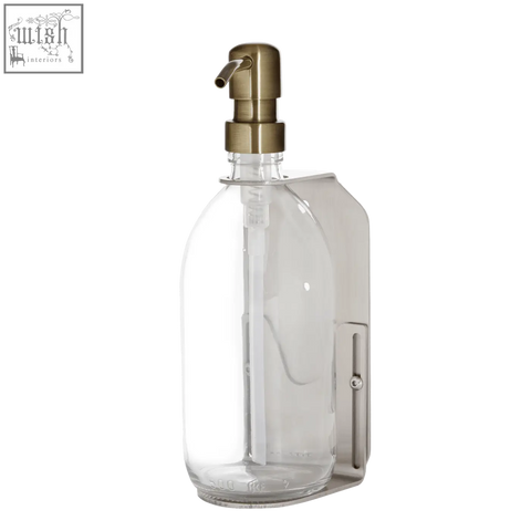 Nickel single wall mounted soap dispenser with clear glass bottle brass pump and stainless steel wall-mounted soap holder