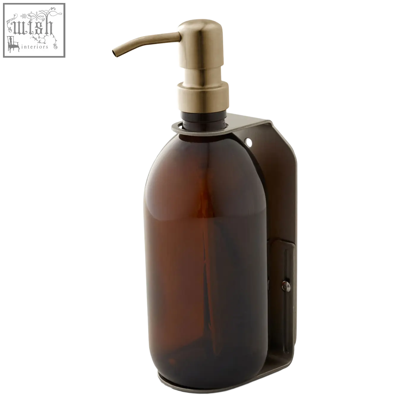 A sleek amber glass wall-mounted soap dispenser with brushed brass pump and stainless steel bracket for bathrooms