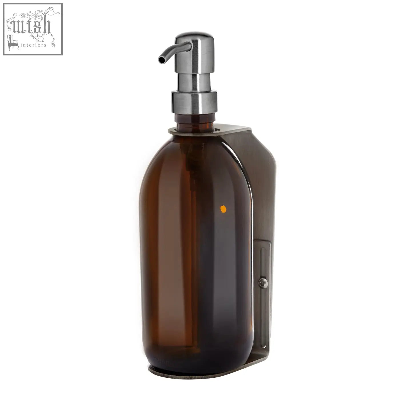 Brown glass wall-mounted soap dispenser with sleek chrome pump and stainless steel mounting bracket for easy use