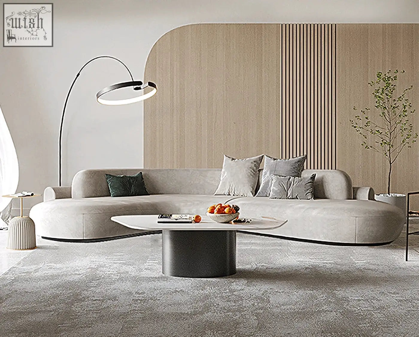Modern beige nicosia grey curved three seater sofa with soft curved lines and plush suede cushions