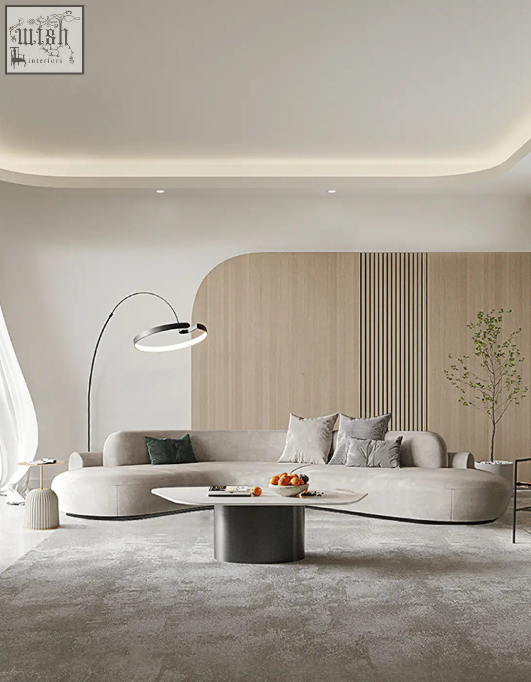 Modern beige nicosia grey curved three seater sofa with soft lines and minimalist suede design