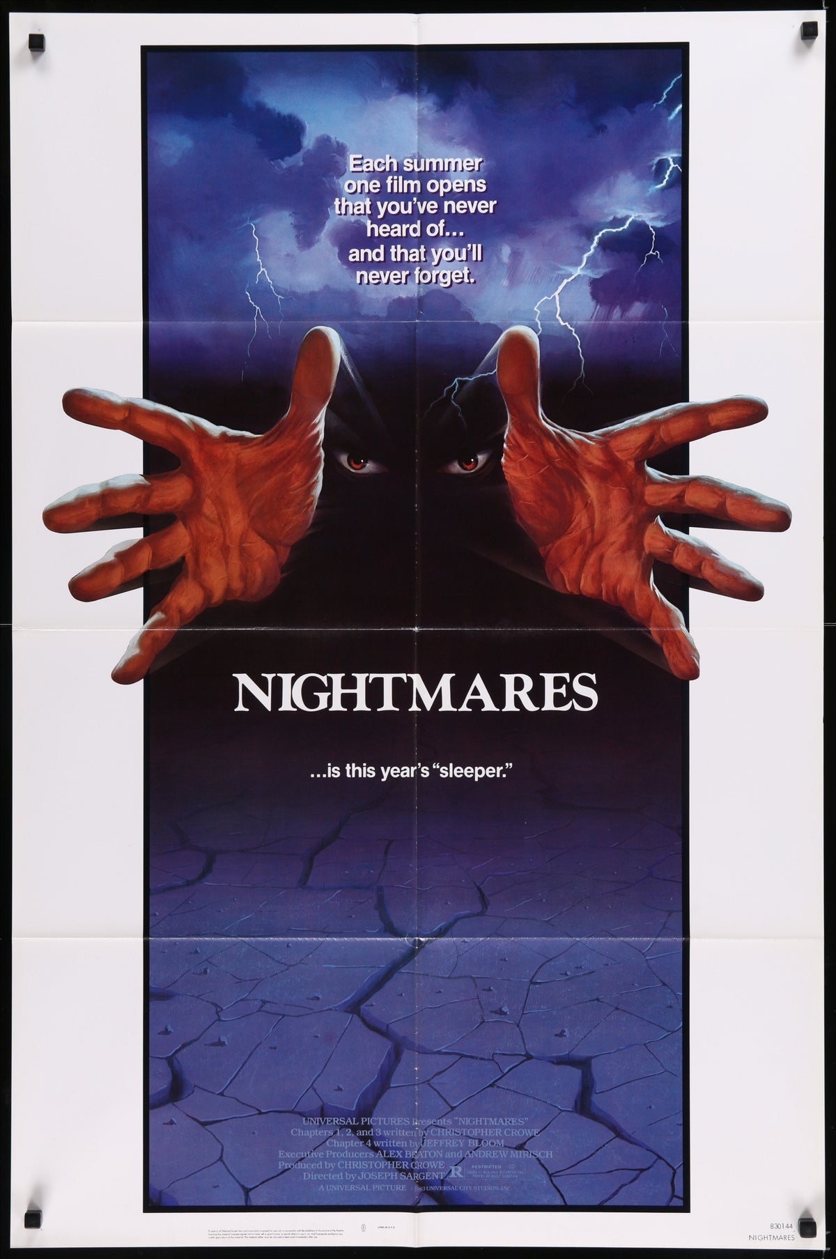 Dark ominous 1983 nightmares original us sheet movie poster with red gloved hands reaching through cracked blue surface under stormy skies