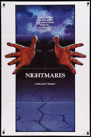 Dark ominous 1983 nightmares original us sheet movie poster with red gloved hands reaching through cracked blue surface under stormy skies