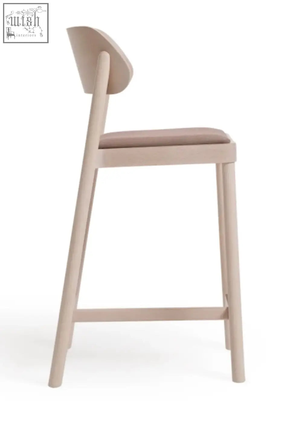 Minimalist nimma bar stool with light beige wooden frame and taupe upholstered seat perfect for kitchen or bar use