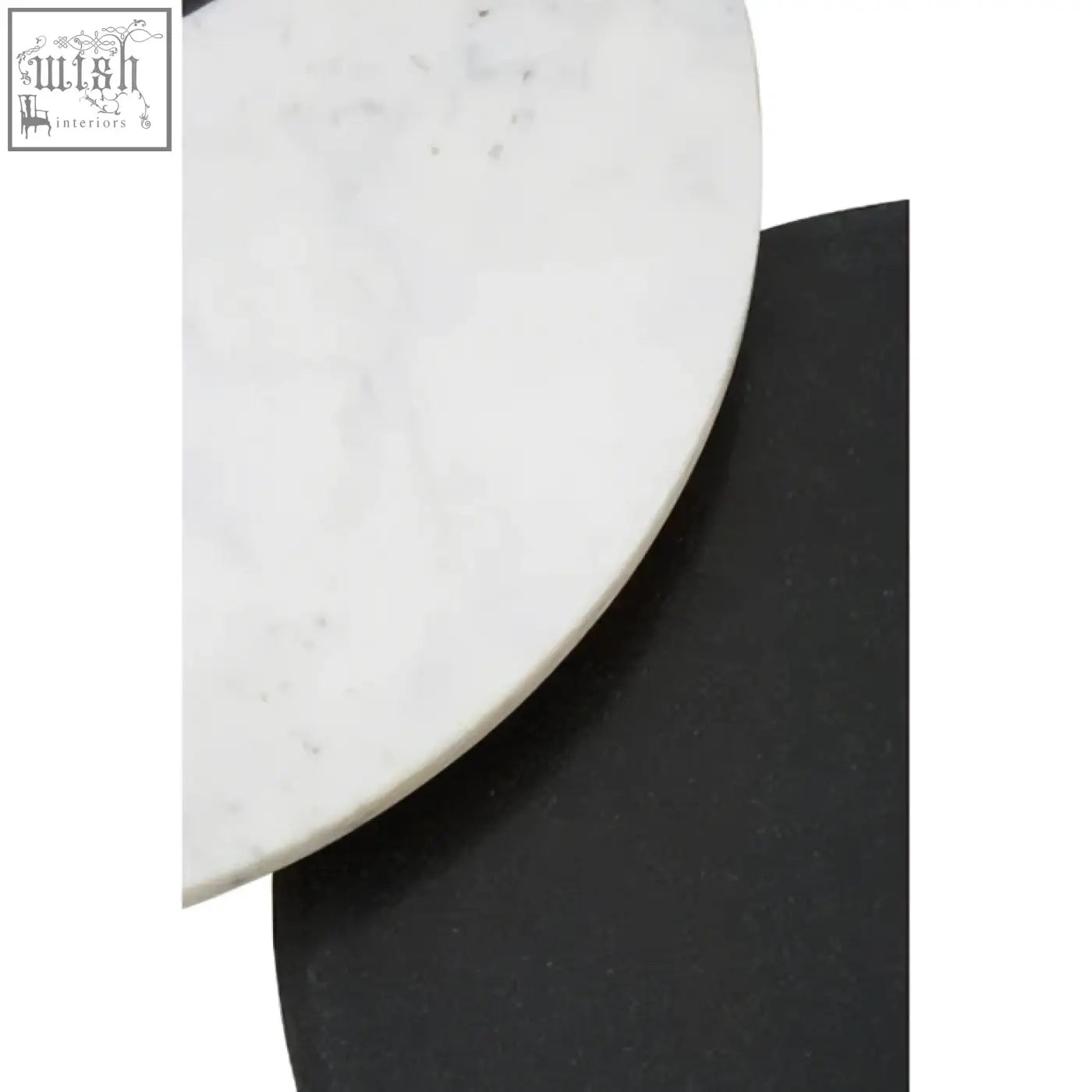 Nirav black and white marble side table with white marble circular top and acacia wood legs