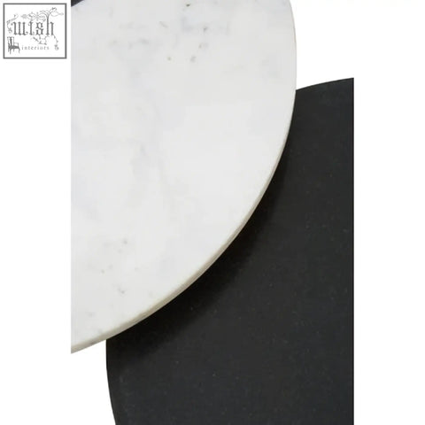 Nirav black and white marble side table with white marble circular top and acacia wood legs