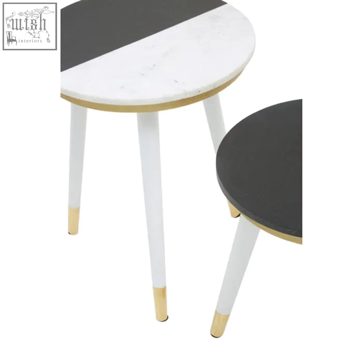 Modern nirav black and white marble side table with white marble round tops and gold finished acacia wood legs