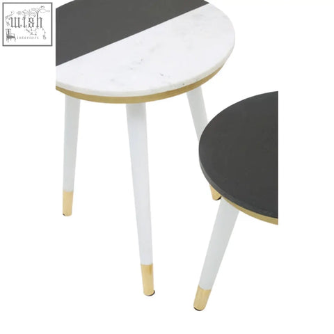 Modern nirav black and white marble side table with white marble round tops and gold finished acacia wood legs