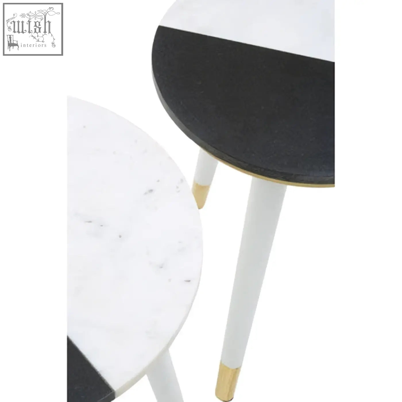 Nirav black and white marble side table with sleek white marble top and acacia wood legs with gold caps